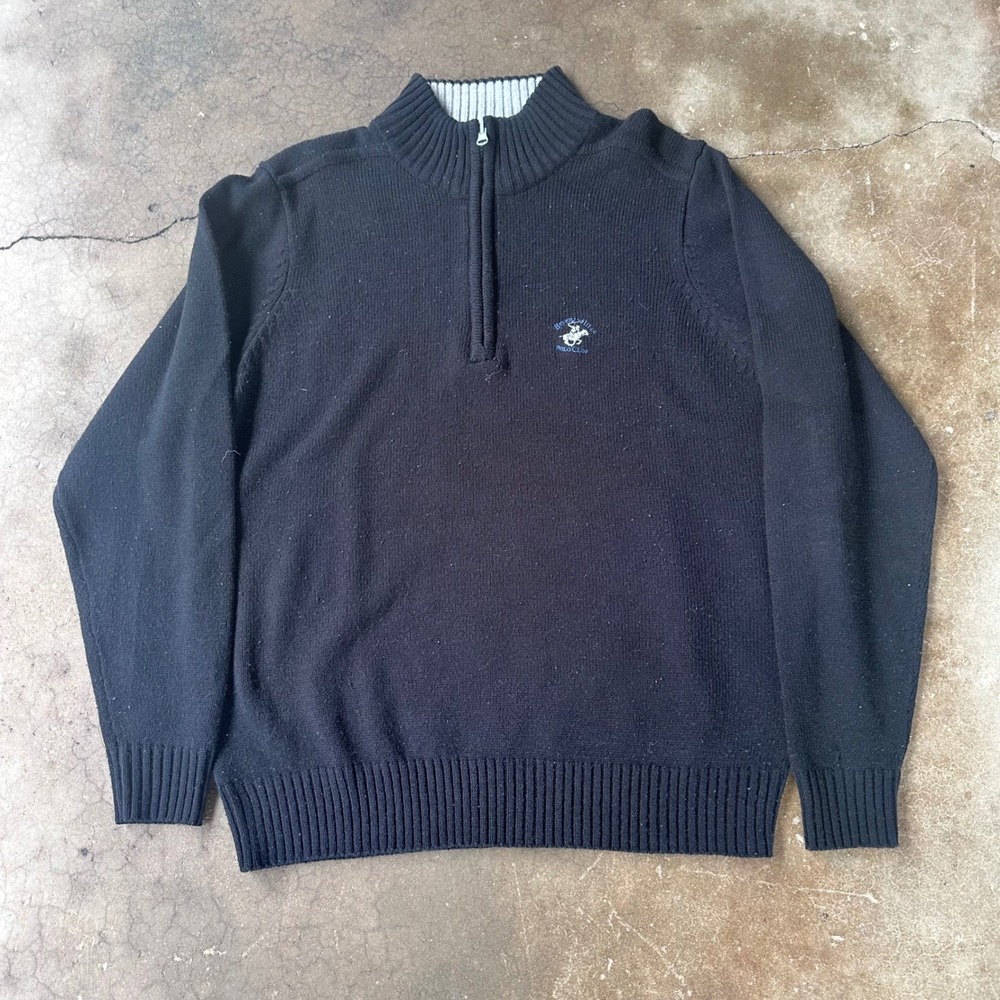 Beverly Hills Polo Club Sweater Mens Large Black Good Quarter Zip Knit Logo